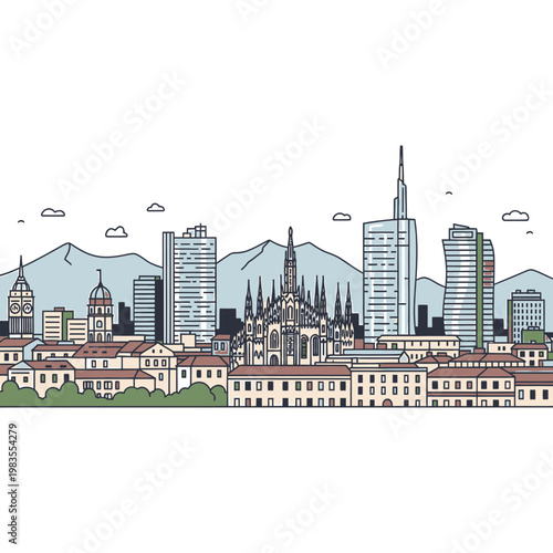 Milan Italy Skyline Vector Illustration with Duomo and Skyscrapers