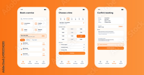 Service Booking Mobile App UI Scheduling Screens. Clean mobile service booking interface with provider search, appointment scheduling. UI, UX Smartphone App Screens. Vector graphic