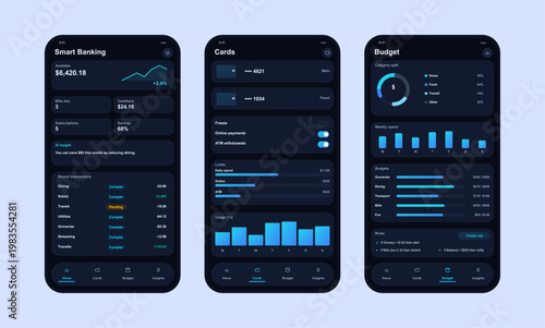 Online Banking Mobile App - UI Screens in Dark Style. Smart mobile banking app interface with account overview, card controls, budgeting tools, spending charts. UI, UX wallet mockup. Vector set