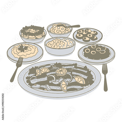Traditional Mediterranean Seafood Meze and Grilled Fish Platter