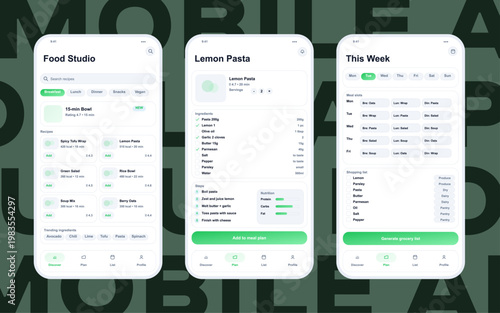 Recipe and Meal Planner Mobile App UI Screens. Modern food and meal planning mobile app interface featuring recipe discovery. UI, UX smartphone application mockups - recipe and meal . Vector graphic