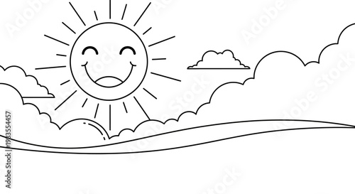A smiling sun with wavy hills.