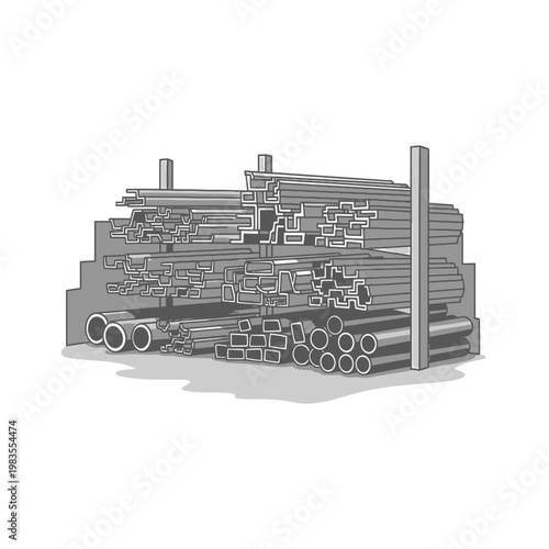 Vector Illustration of Industrial Steel Metal Profiles and Pipes