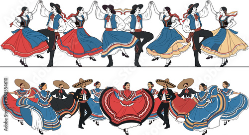 Mexican folk dancers vector set with traditional costumes mariachi style dresses and couples performing cultural dance illustration collection