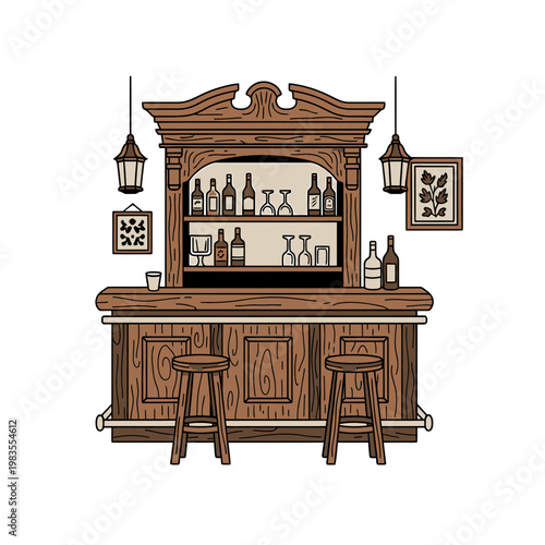 Vintage wooden bar counter illustration with stools and bottles