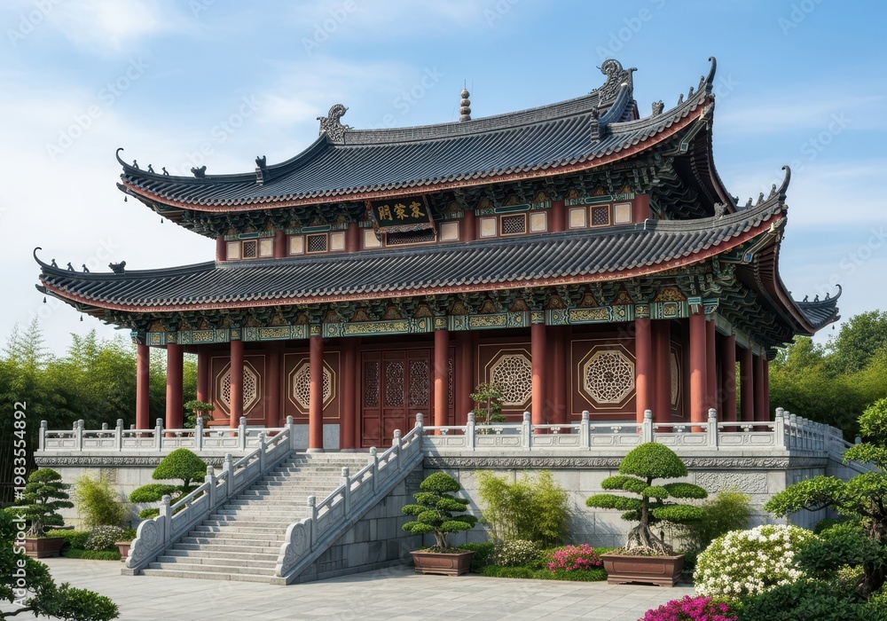 Obraz premium A traditional chinese temple architecture featuring intricate roof designs and vibrant red pillars
