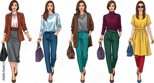 Stylish women outfits vector collection with casual and elegant looks modern female fashion models walking illustration set
