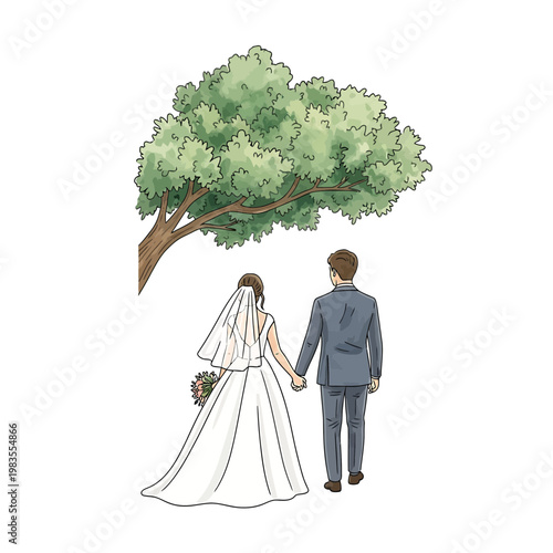 Romantic bride and groom walking hand in hand under a tree illustration