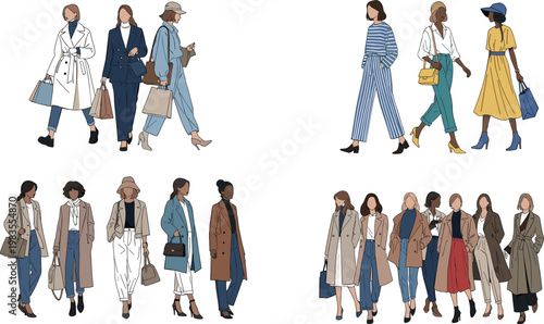 Stylish women street fashion vector set with diverse female outfits coats casual looks and modern trendy illustration collection