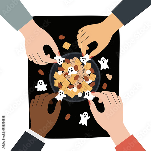 People sharing Halloween snacks in a bowl with ghost marshmallows