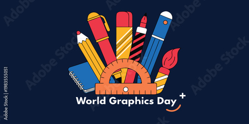 Collection of art supplies including pens, pencils, and protractor celebrating World Graphics Day