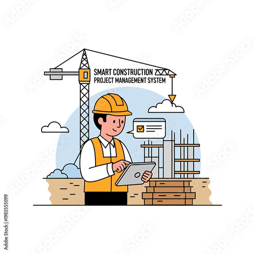 Smart Construction Project Management System with Engineer on Tablet