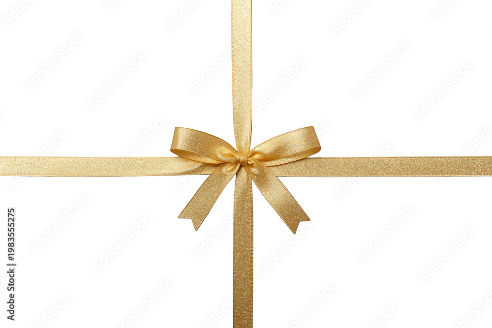 Fototapeta premium Gold ribbon bow wrapping gift, celebrating luxury holidays, decoration, packaging, birthday presents, anniversary surprise
