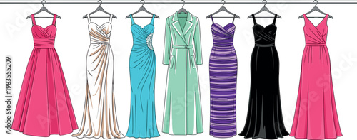 Elegant evening dresses on clothing rack vector illustration with colorful gowns fashion boutique collection stylish formal wear display set
