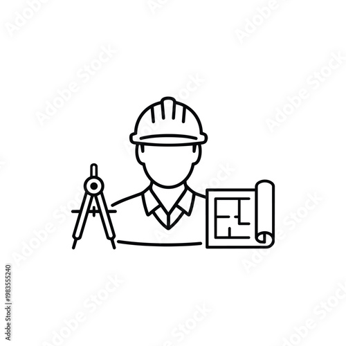 Architect profession black and white vector icon with architect engineer character and architect blueprint illustration