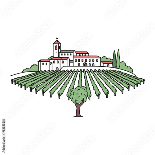 Stylized Vineyard Illustration with European Winery Estate and Grapes