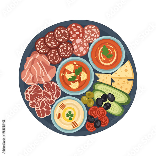 Vector Illustration of Appetizer Platter with Cured Meat and Cheese