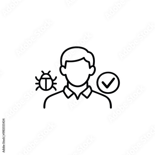 Black and white vector software tester profession icon software tester with bug and check mark illustration