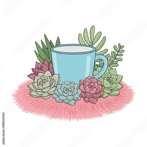 Vector illustration of a blue mug surrounded by pastel succulents