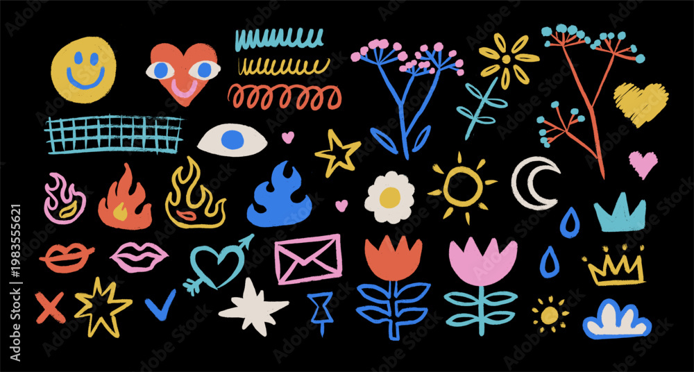 Fototapeta premium Colorful funky hand drawn doodles set. Cute girly cartoon stickers with smileys, hearts, fire and flowers on black. Expressive messy sketchy elements bundle. Vector