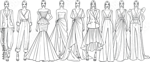 Elegant fashion runway models vector set with women in stylish dresses suits and couture outfits line art illustration collection