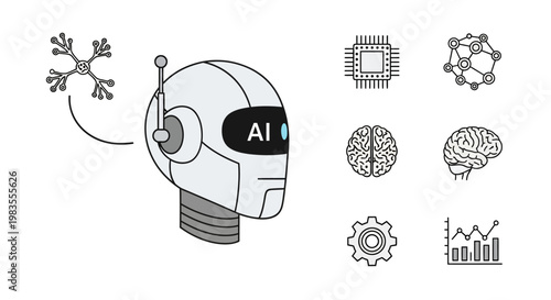Robot Head with AI Technology Icons.