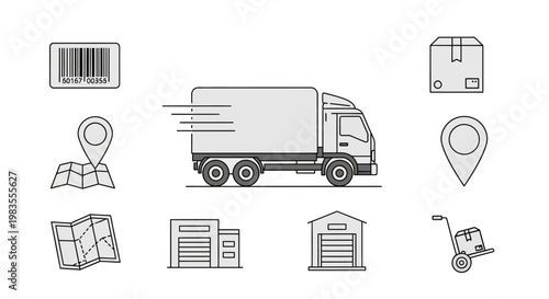 Delivery truck with cargo icons.