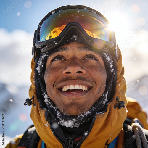 Portrait of a Happy African American Man in Ski Goggles and Winter Gear Smiling on a Sunny Mountain Peak