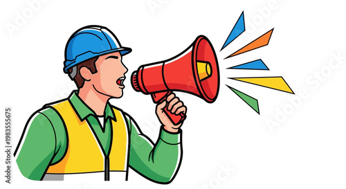 Man wearing hard hat holding megaphone.