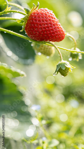Fresh Red Strawberry on Branch with Dew Drops in Sunny Garden Vector Illustration