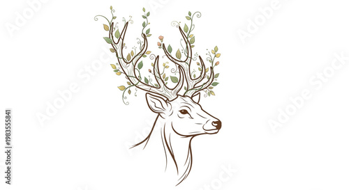 Deer with floral antlers head.
