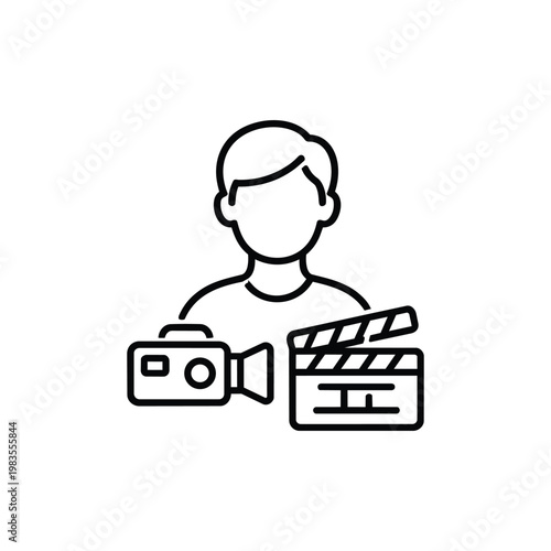 Film director profession line icon black and white film director with video camera and clapperboard cinematography professions concept