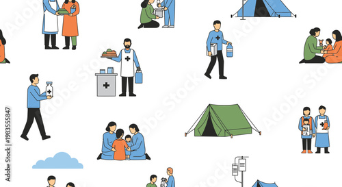 Humanitarian Aid and Refugee Camp Seamless Vector Pattern