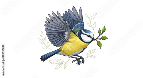 Blue Tit Bird in Flight Holding Branch.