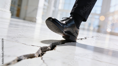 Businessman in formal shoe stepping on cracking marble floor, conceptual illustration of financial instability, corporate risk, fragile foundation, and economic pressure.