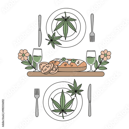 Cannabis Infused Dinner Table Vector Illustration for Two