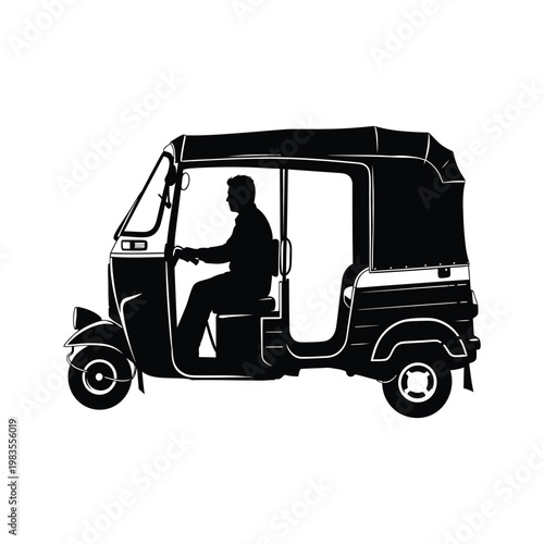 Indian auto rickshaw silhouette vector illustration transport vehicle driver side view art.