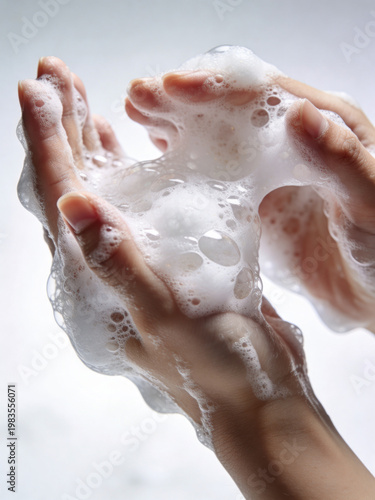 Close-Up of Human Hands Covered in Rich White Soap Foam and Bubbles for Hygiene and Skincare Concept