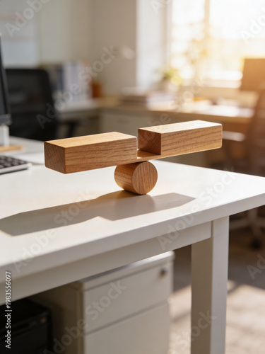 Wooden Blocks Balancing on a Desk in a Bright Modern Office, Symbolizing Work Life Balance, Stability, Business Strategy and Harmony