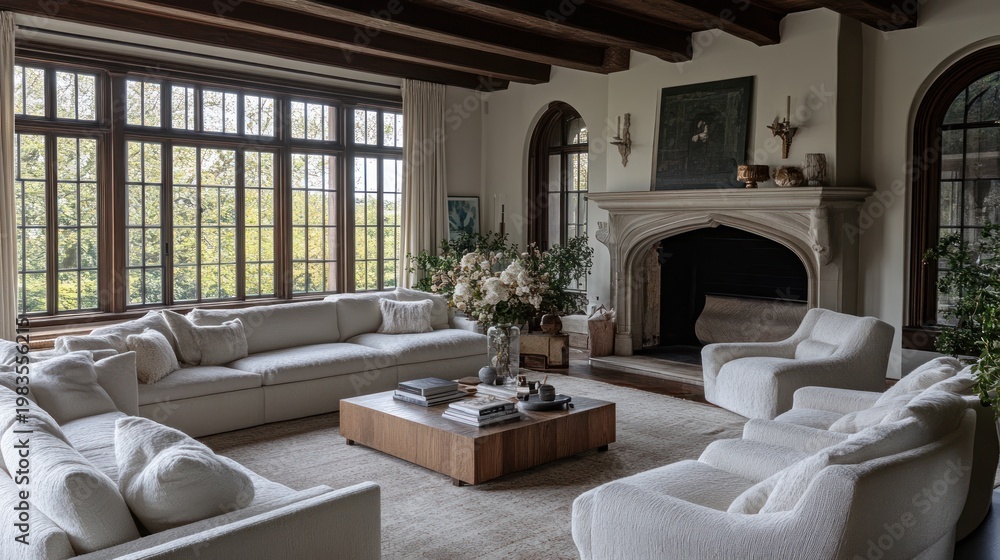 Fototapeta premium Elegant living room interior with fireplace