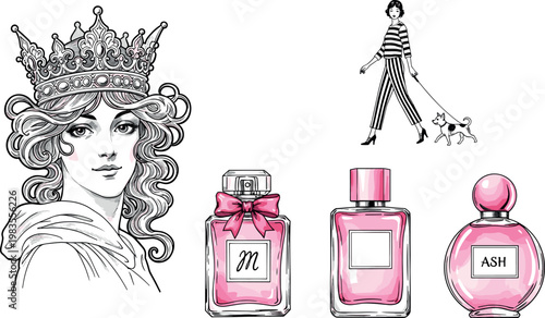 Fashion beauty vector set with elegant woman portrait crown perfume bottles stylish girl with dog and luxury feminine illustration collection
