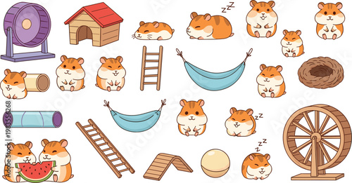 Cute hamster pet set with cage accessories cartoon vector illustration adorable rodents collection animal care design