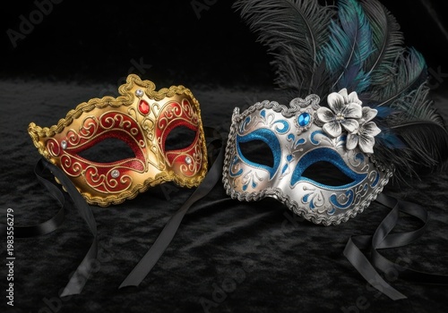 Two ornate venetian masquerade masks with feathers on black velvet