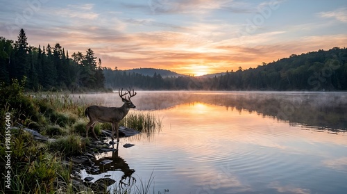 A buck with large antlers stands on the shore of a serene lake at sunrise or sunset surrounded by trees and reflecting vibrant colors in the calm water