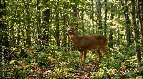 A white-tailed deer with large antlers stands alert in a dense forest surrounded by lush greenery and dappled sunlight filtering through the trees.