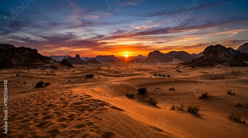 A breathtaking desert landscape with a stunning sunset over sand dunes and majestic mountains in the background