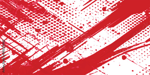 Dynamic red paint splashes and halftone patterns on a white background for graphic design