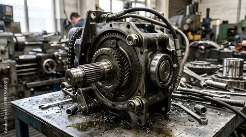 A large industrial gear box sits on a workbench in a busy mechanical workshop with various tools scattered around it