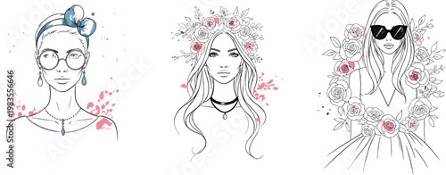 Stylish women portraits with floral elements vector set featuring boho girl line art faces with flowers fashion illustration collection