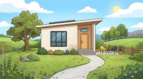 A small modern house with a wooden door and a solar panel on its roof situated in a serene natural setting with a winding path leading to the entrance